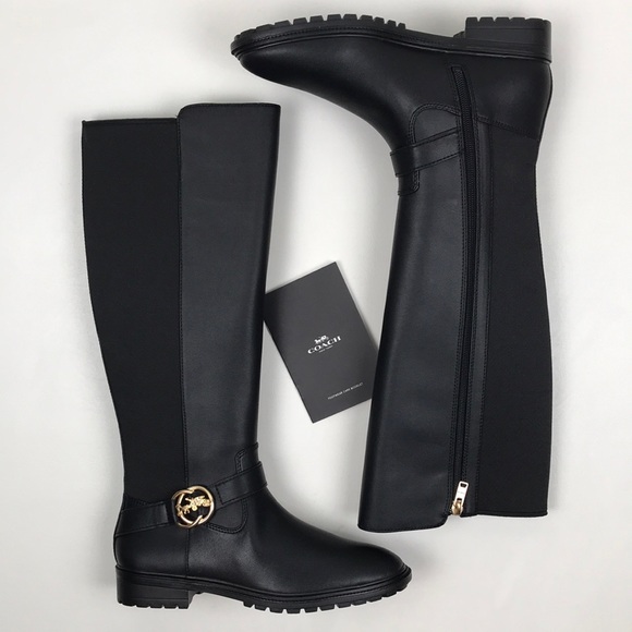COACH Farrah Black Leather Tall Riding Boots Logo Buckle NEW NWOB - Picture 1 of 16